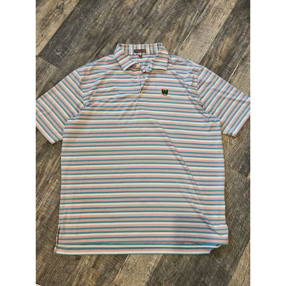 Peter millar summer comfort polo pink blue stripe pine valley golf mens XL